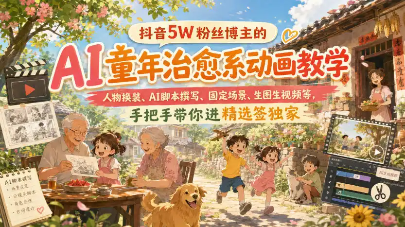 抖音5W粉丝博主的AI童年治愈系动画教学，人物换装、AI脚本撰写、固定场景、生图生视频等，手把手带你进精选签独家-翻身路网创