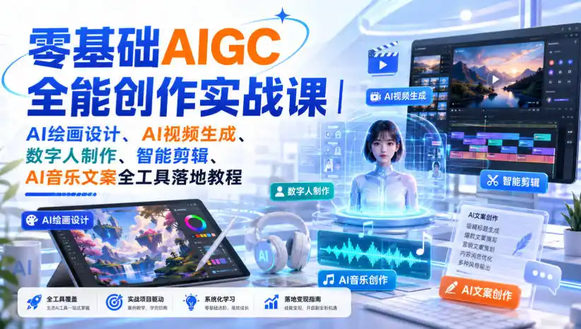 零基础AIGC全能创作实战课｜AI绘画设计、AI视频生成、数字人制作、智能剪辑、AI音乐文案全工具落地教程-翻身路网创