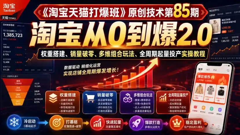 《淘宝天猫打爆班》原创技术第85期，淘宝从0到爆2.0，权重搭建、销量破零、多维组合玩法、全周期起量投产实操教程-翻身路网创