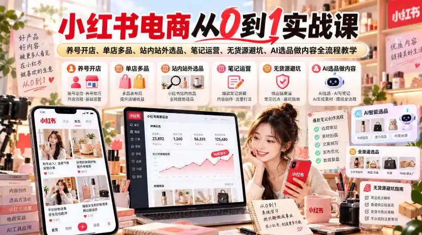 小红书电商从0到1实战课|养号开店、单店多品、站内站外选品、笔记运营、无货源避坑、AI选品做内容全流程教学-翻身路网创