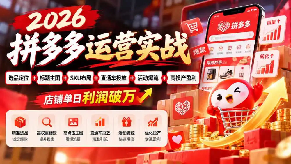2026拼多多运营实战-更新1002：选品定位+标题主图+SKU布局+直通车投放+活动爆流+高投产盈利 店铺单日利润破万-翻身路网创
