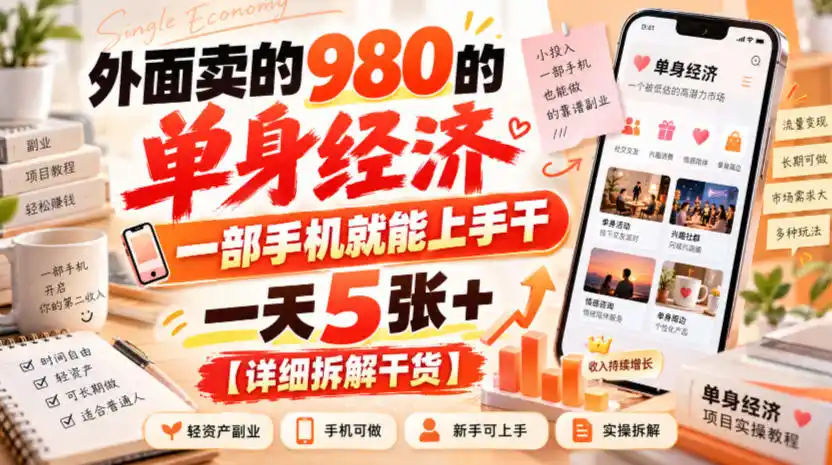 外面卖的980的单身经济，一部手机就能上手干，一天5张+【详细拆解干货】-翻身路网创