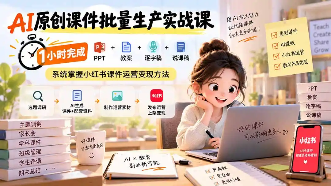 AI原创课件批量生产实战课：1小时完成PPT+教案+逐字稿+说课稿，系统掌握小红书课件运营变现方法-翻身路网创