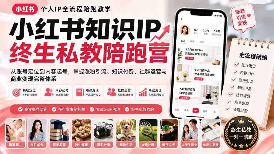 小红书知识IP终生私教陪跑营：从账号定位到内容起号，掌握涨粉引流、知识付费、社群运营与商业变现完整体系-翻身路网创