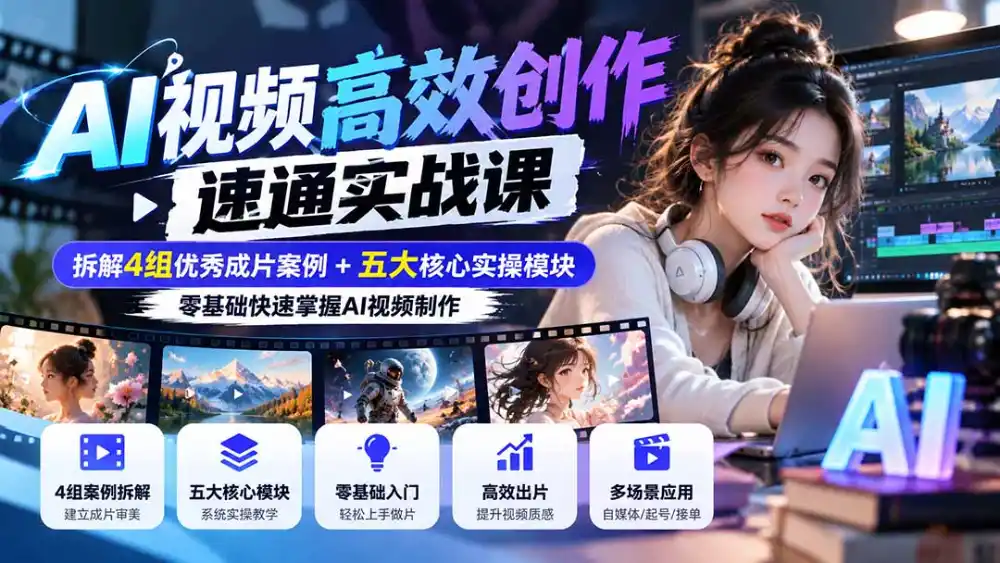 【无水印】AI视频高效创作速通实战课：拆解4组优秀成片案例+五大核心实操模块，零基础快速掌握AI视频制作-翻身路网创