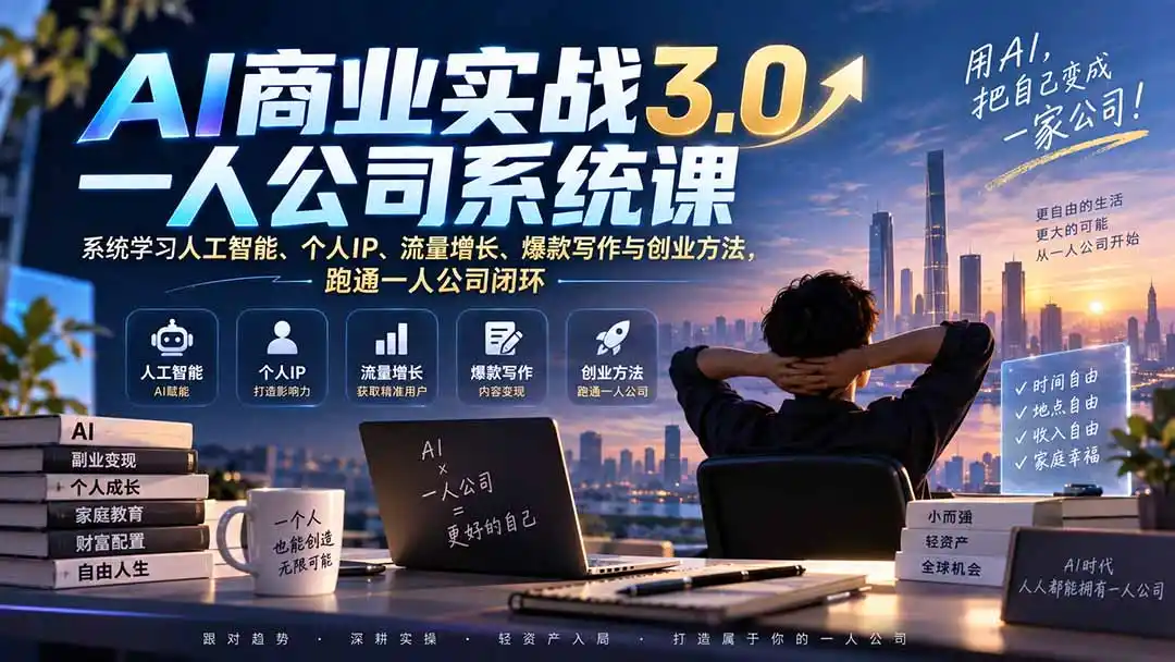 AI商业实战3.0一人公司系统课：系统学习人工智能、个人IP、流量增长、爆款写作与创业方法，跑通一人公司闭环-翻身路网创