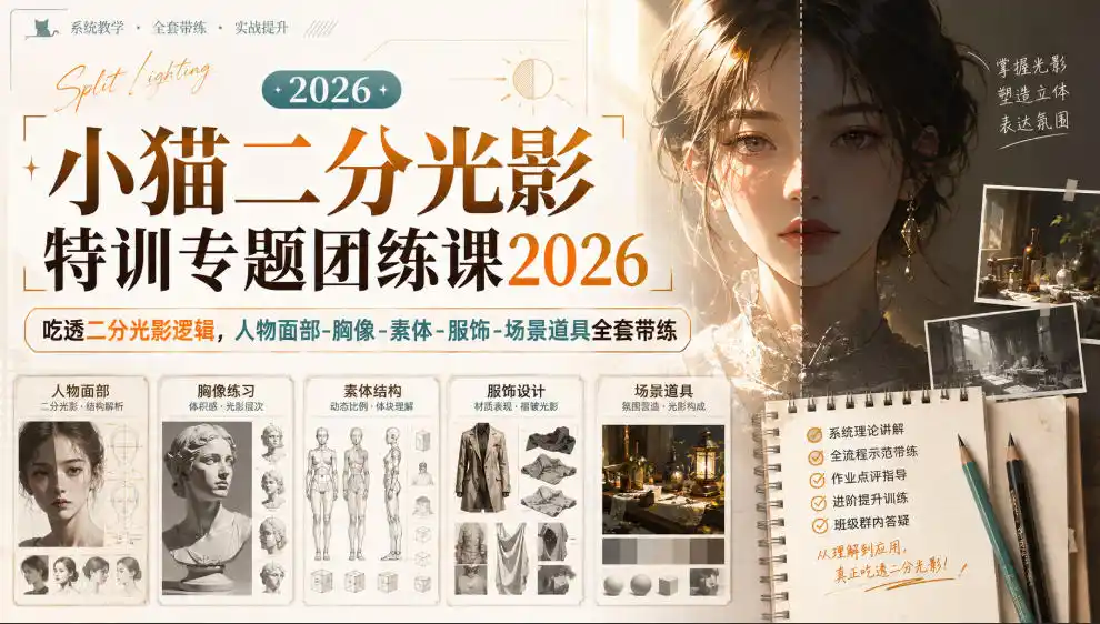 小猫二分光影特训专题团练课2026｜吃透二分光影逻辑，人物面部‑胸像‑素体‑服饰‑场景道具全套带练，高清画质附赠课件与笔刷-翻身路网创
