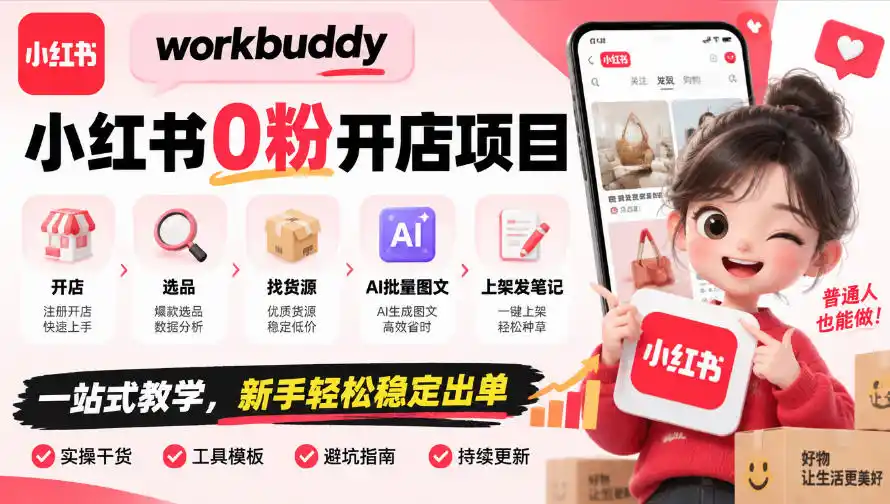 workbuddy小红书0粉开店项目,开店、选品、找货源、AI批量图文、上架发笔记一站式教学,新手轻松稳定出单-翻身路网创