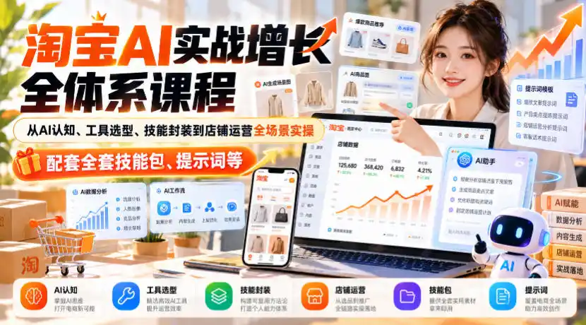 淘宝AI实战增长全体系课程,从AI认知、工具选型、技能封装到店铺运营全场景实操,配套全套技能包、提示词等-翻身路网创