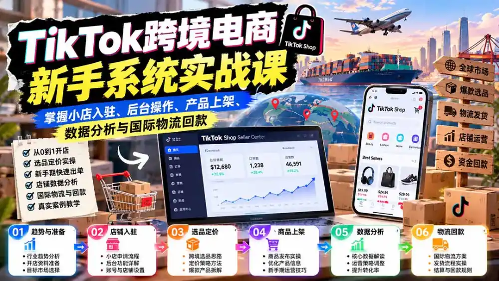 TikTok跨境电商新手系统实战课：掌握小店入驻、后台操作、产品上架、数据分析与国际物流回款-翻身路网创
