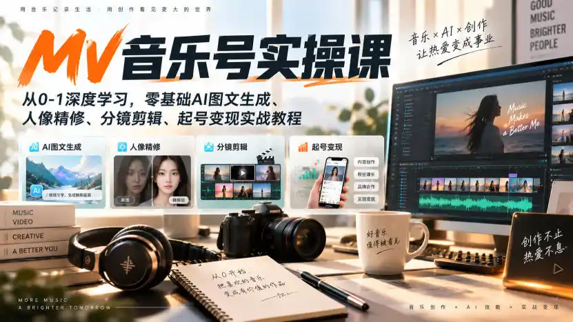 AI MV音乐号实操课，从0-1深度学习，零基础AI图文生成、人像精修、分镜剪辑、起号变现实战教程-翻身路网创