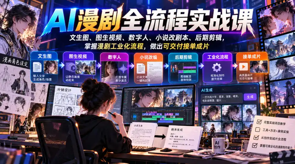 AI漫剧全流程实战课，文生图、图生视频、数字人、小说改剧本、后期剪辑，掌握漫剧工业化流程，做出可交付接单成片-翻身路网创