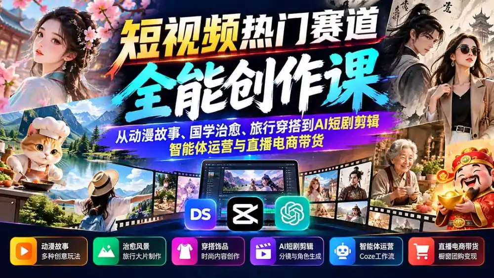短视频热门赛道全能创作课：从动漫故事、国学治愈、旅行穿搭到AI短剧剪辑、智能体运营与直播电商带货-翻身路网创