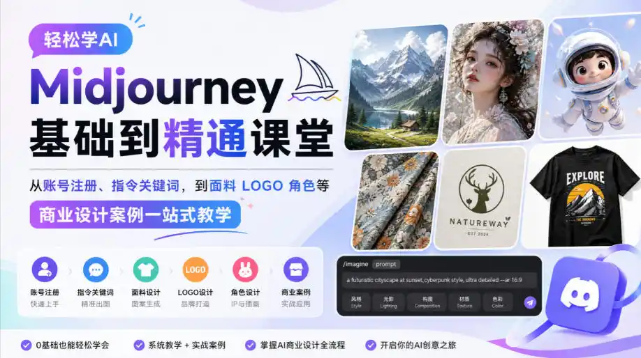 轻松学AI Midjourney基础到精通课堂，从账号注册、指令关键词，到面料LOGO角色等商业设计案例一站式教学-翻身路网创