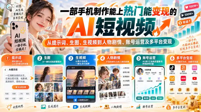 【无水印】一部手机制作能上热门能变现的AI短视频,从提示词、生图、生视频到人物剧情、账号运营及多平台变现-翻身路网创