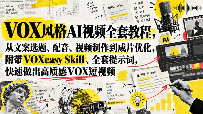 VOX风格AI视频全套教程,从文案选题、配音、视频制作到成片优化,附带VOXeasy Skill、全套提示词,快速做出高质感VOX短视频-翻身路网创
