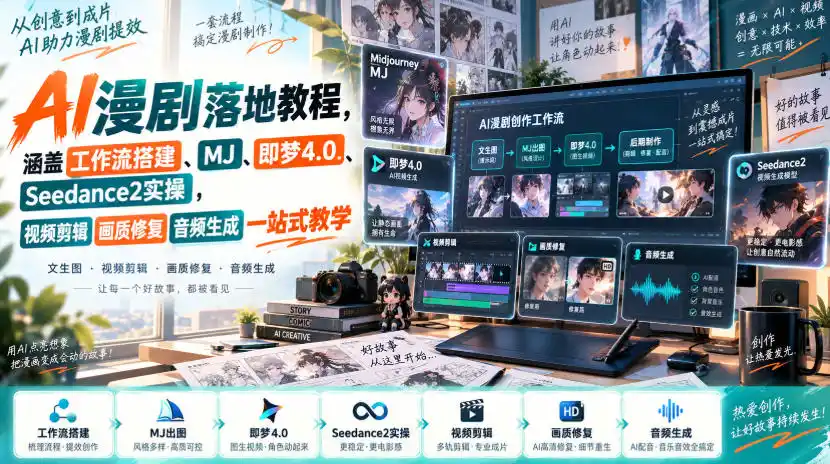 AI漫剧落地教程，涵盖工作流搭建、MJ、即梦4.0、Seedance2实操，视频剪辑画质修复音频生成一站式教学-翻身路网创
