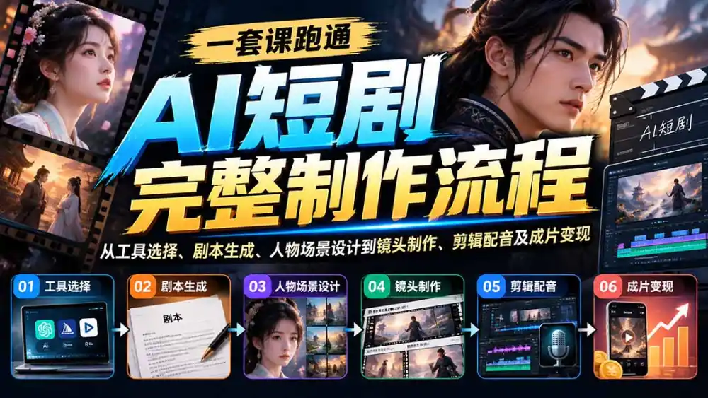 一套课跑通AI短剧完整制作流程：从工具选择、剧本生成、人物场景设计到镜头制作、剪辑配音及成片变现-翻身路网创