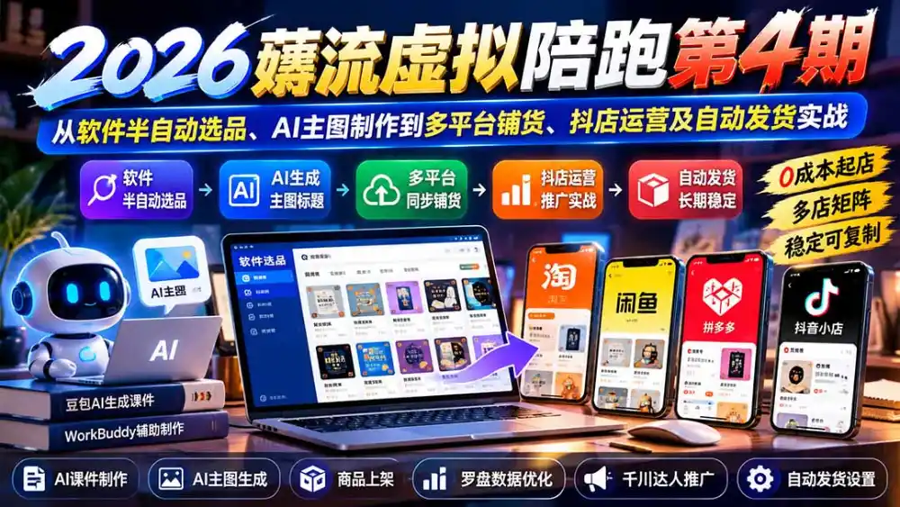 2026薅流虚拟陪跑第4期：从软件半自动选品、AI主图制作到多平台铺货、抖店运营及自动发货实战-翻身路网创
