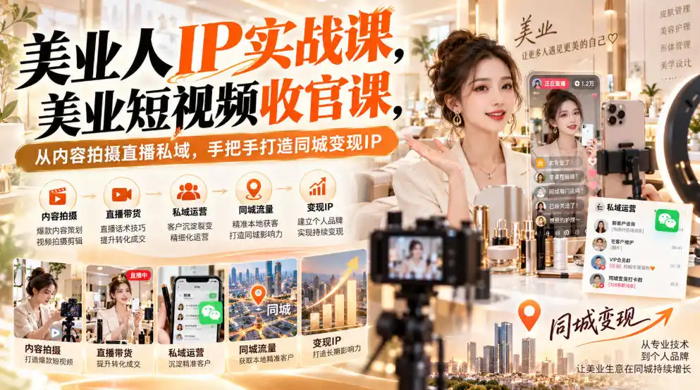【无水印】美业人IP实战课，美业短视频收官课，从内容拍摄直播私域，手把手打造同城变现IP-翻身路网创