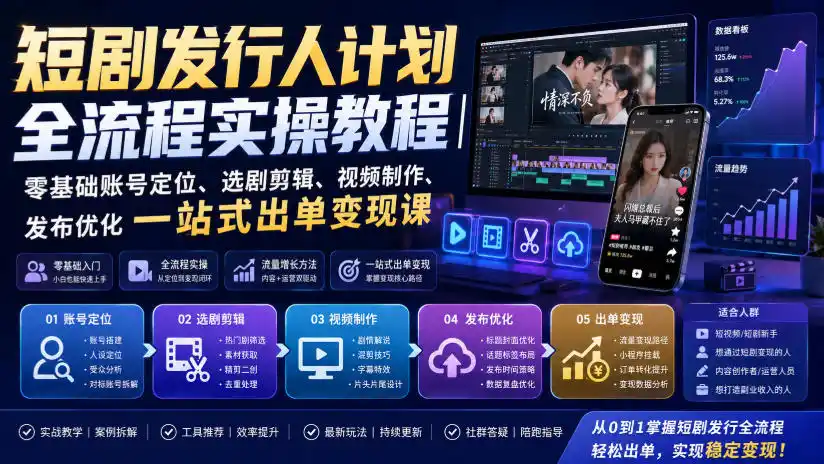 短剧发行人计划全流程实操教程｜零基础账号定位、选剧剪辑、视频制作、发布优化一站式出单变现课-翻身路网创
