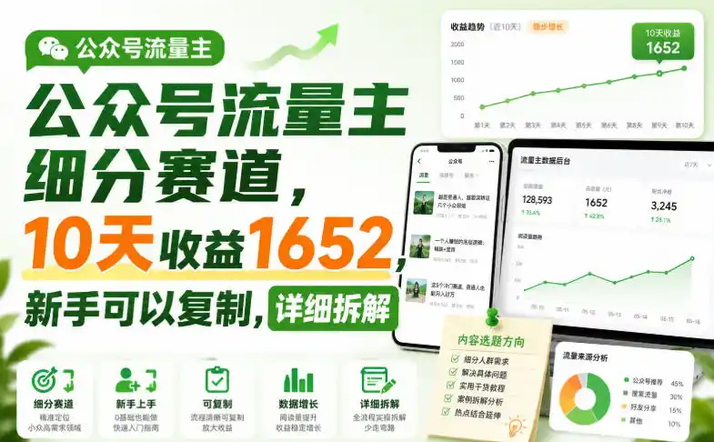 公众号流量主细分赛道，10天收益1652，新手可以复制，详细拆解-翻身路网创