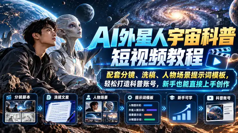 AI外星人宇宙科普短视频教程，配套分镜、洗稿、人物场景提示词模板，轻松打造科普账号，新手也能直接上手创作-翻身路网创
