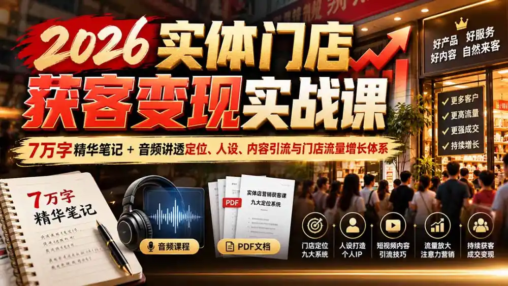 2026实体门店获客变现实战课:7万字精华笔记+音频讲透定位、人设、内容引流与门店流量增长体系-翻身路网创