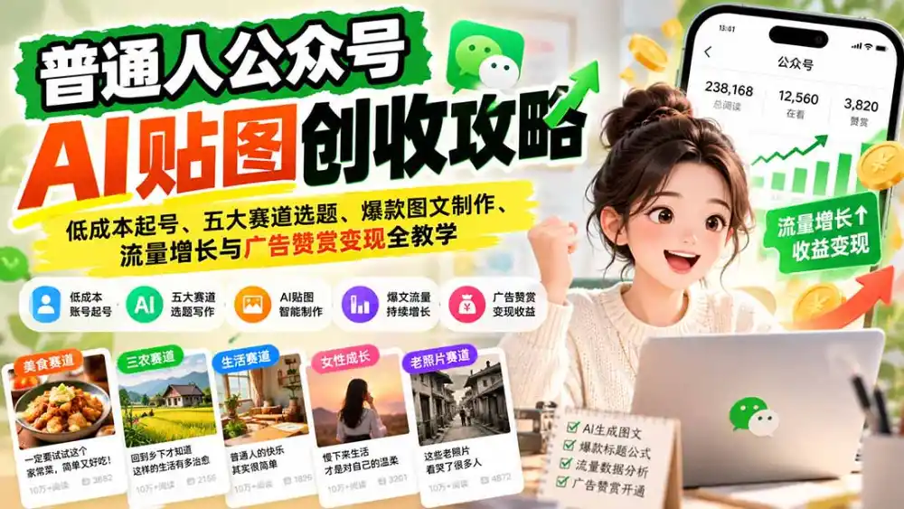 普通人公众号AI贴图创收攻略:低成本起号、五大赛道选题、爆款图文制作、流量增长与广告赞赏变现全教学-翻身路网创