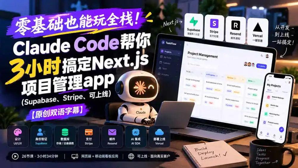 零基础也能玩全栈！Claude Code帮你3小时搞定Next.js项目管理app(Supabase、Stripe、可上线-翻身路网创