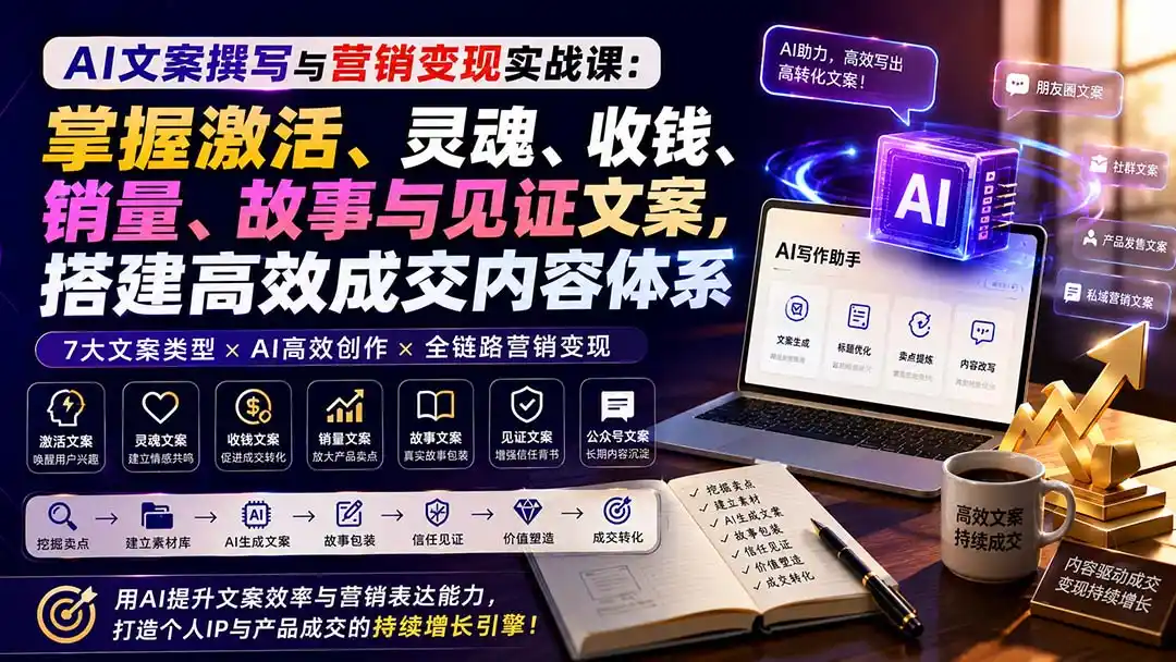 AI文案撰写与营销变现实战课：掌握激活、灵魂、收钱、销量、故事与见证文案，搭建高效成交内容体系-翻身路网创