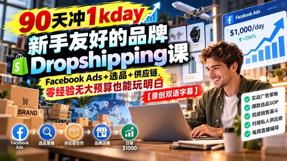 90天冲1kday 新手友好的品牌Dropshipping课:Facebook Ads+选品+供应链,零经验无大预算也能玩明白【原创双语字幕】-翻身路网创
