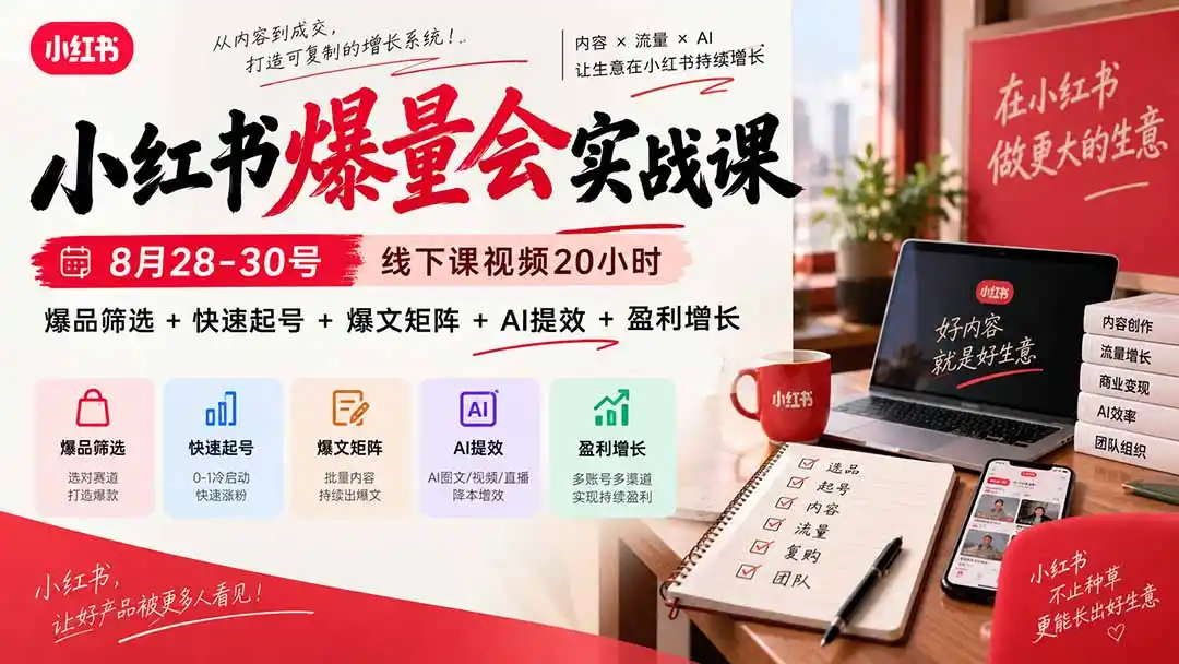 小红书爆量会实战课：8月28-30号线下课视频20小时，爆品筛选+快速起号+爆文矩阵+AI提效+盈利增长-翻身路网创