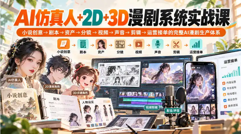【无水印】AI仿真人+2D+3D漫剧系统实战课，小说创意→剧本→资产→分镜→视频→声音→剪辑→运营接单的完整AI漫剧生产体系-翻身路网创