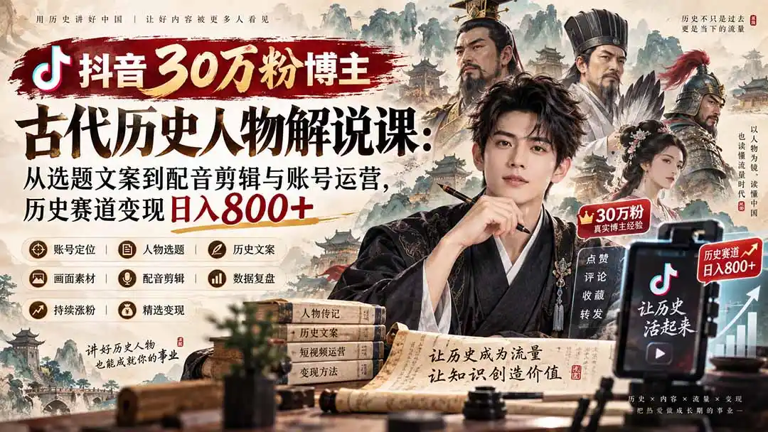 抖音30万粉博主古代历史人物解说课：从选题文案到配音剪辑与账号运营，历史赛道变现日入800+-翻身路网创