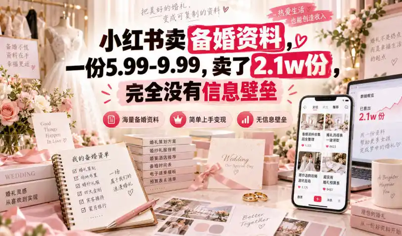 小红书卖备婚资料，一份5.99-9.99，卖了2.1w份，完全没有信息壁垒-翻身路网创