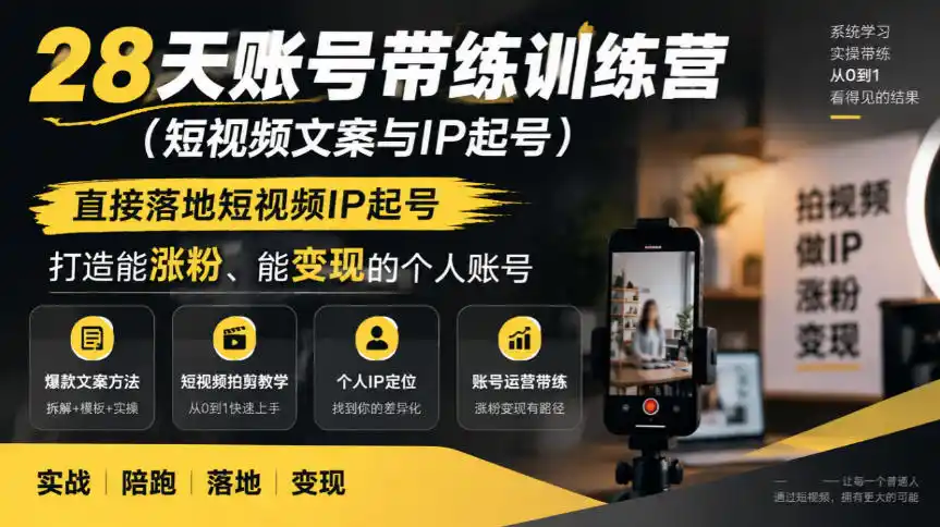 28天账号带练训练营(短视频文案与IP起号)，直接落地短视频IP起号，打造能涨粉、能变现的个人账号-翻身路网创