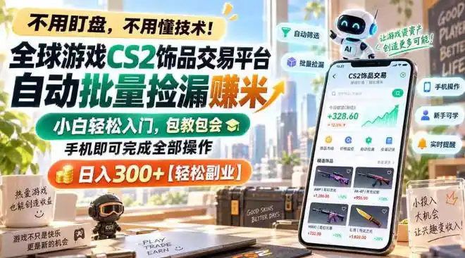 全球游戏CS2饰品交易平台自动批量捡漏賺米，小白轻松入门，包教包会，手机即可完成全部操作，日入300+【揭秘】-翻身路网创