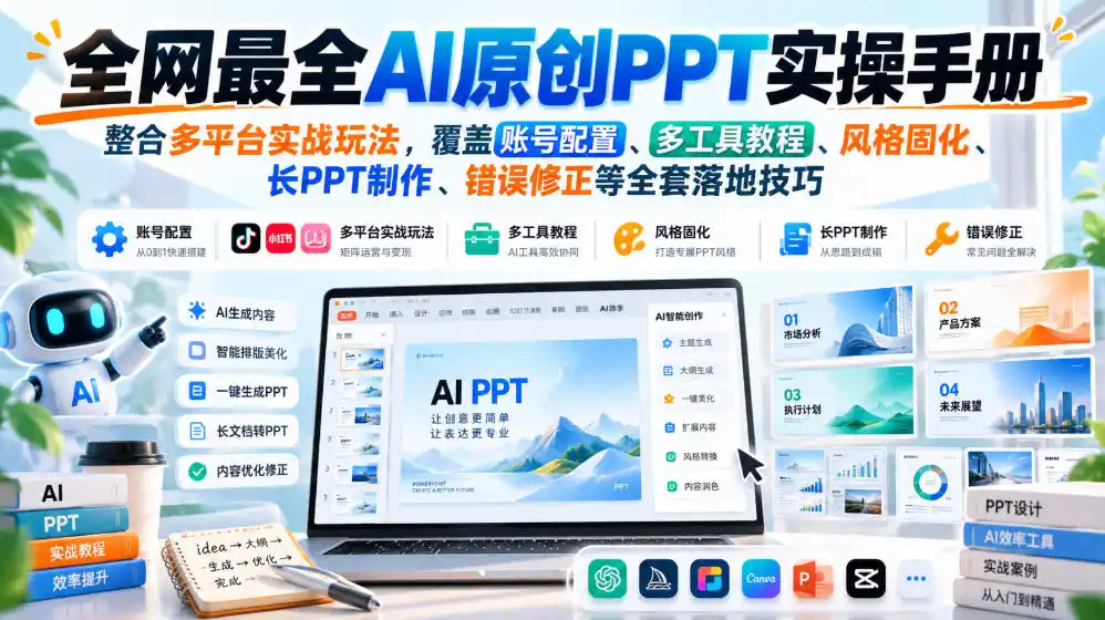 全网最全AI原创PPT实操手册，整合多平台实战玩法，覆盖账号配置、多工具教程、风格固化、长PPT制作、错误修正等全套落地技巧-翻身路网创