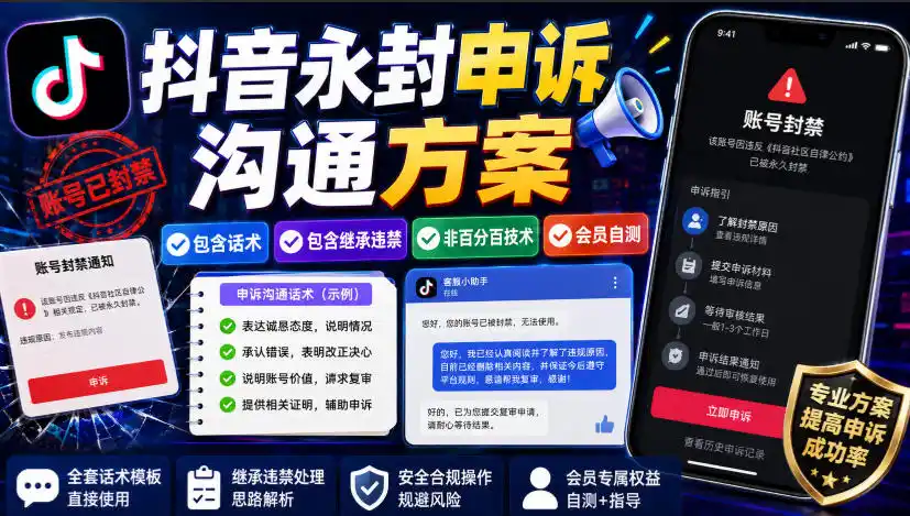 抖音永封申诉沟通方案,包含话术,包含继承违禁,非百分百技术,会员自测-翻身路网创