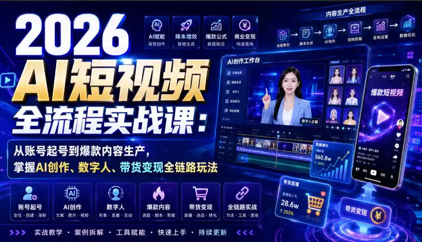 2026 AI短视频全流程实战课：从账号起号到爆款内容生产，掌握AI创作、数字人、带货变现全链路玩法-翻身路网创