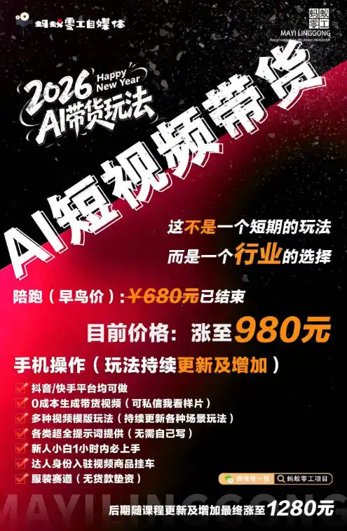 AI短视频带货，靠AI生成短视频，分发到抖音快手平台，多种模版提示词提供，单条视频1k+收益-翻身路网创