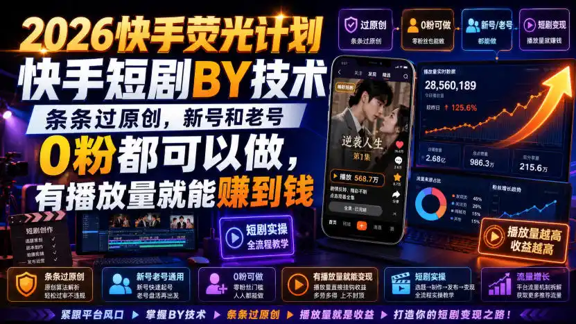2026快手荧光计划，快手短剧搬运技术，条条过原创，新号和老号0粉都可以做，有播放量就能賺到钱-翻身路网创