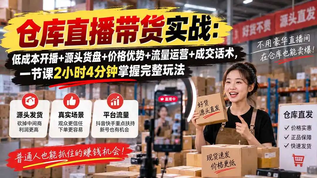 仓库直播带货实战：低成本开播+源头货盘+价格优势+流量运营+成交话术，一节课2小时4分钟掌握完整玩法-翻身路网创