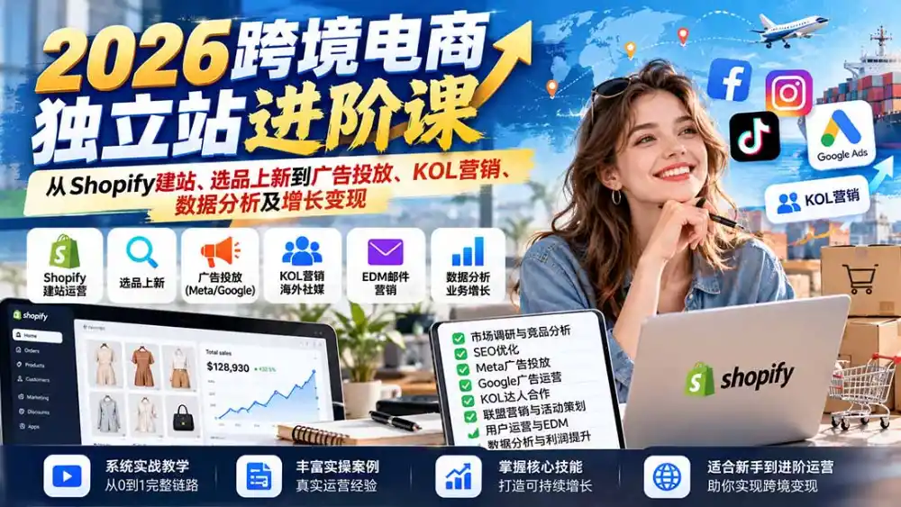 2026跨境电商独立站进阶课：从Shopify建站、选品上新到广告投放、KOL营销、数据分析及增长变现-翻身路网创
