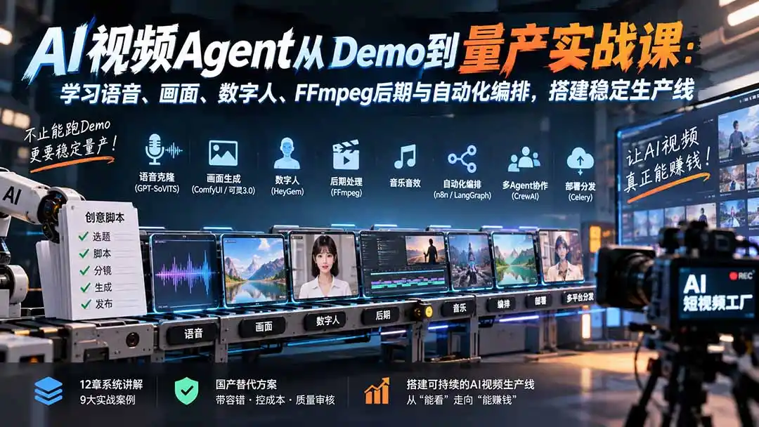 AI视频Agent从Demo到量产实战课：学习语音、画面、数字人、FFmpeg后期与自动化编排，搭建稳定生产线-翻身路网创