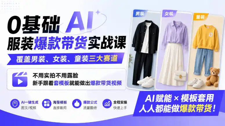 0基础AI服装爆款带货实战课｜覆盖男装、女装、童装三大赛道，不用实拍不用露脸，新手跟着套模板就能做出爆款带货视频(更新1010)-翻身路网创