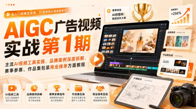 AIGC广告视频实战第1期，主流AI视频工具实操、品牌案例深度拆解、赛事参赛、作品集包装商业接单方面教程-翻身路网创