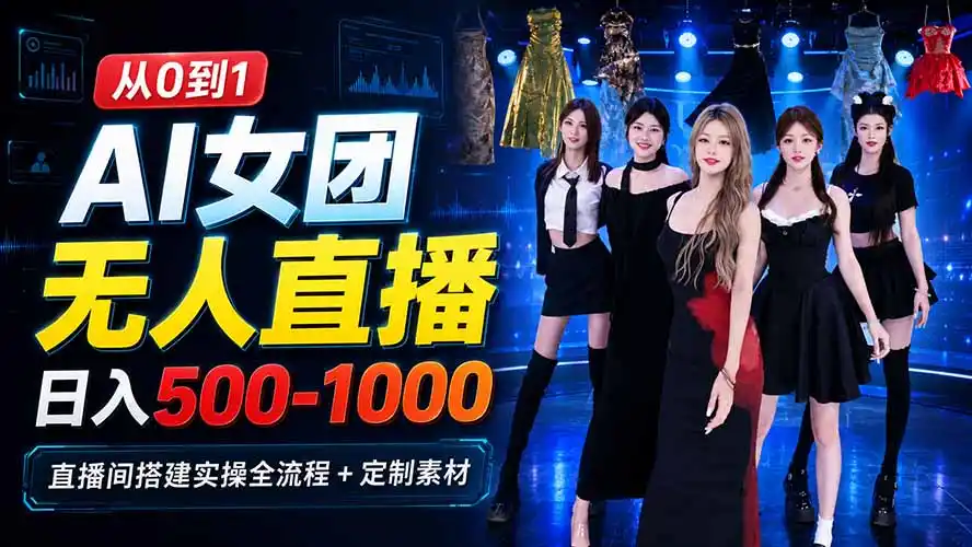AI 女团无人直播，躺入500-1000每天，直播间搭建实操全流程+定制素材-翻身路网创