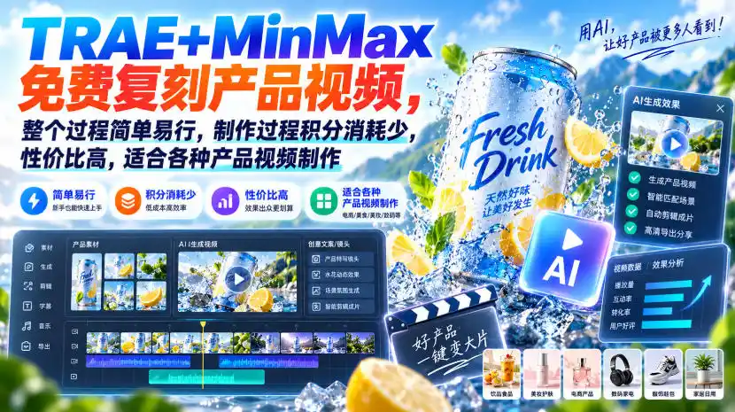 TRAE+MinMax免费复刻产品视频，整个过程简单易行，制作过程积分消耗少，性价比高，适合各种产品视频制作-翻身路网创